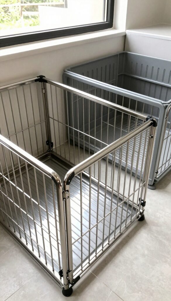 Clean stainless steel and heavy-duty plastic dog crates in a bright kennel setting