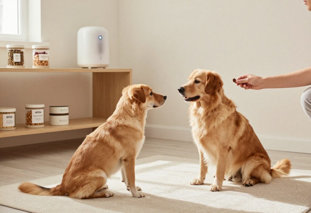 Dog sitting on a mat in a calm training corner with treats and gear organized nearby.
