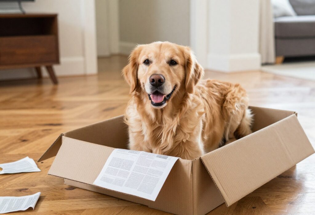 Golden retriever exploring a cardboard box enrichment activity on a living room floor