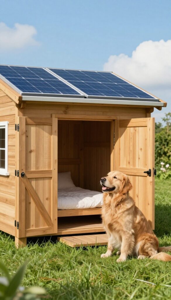 Dog house with solar-powered ventilation fan on roof in sunny backyard