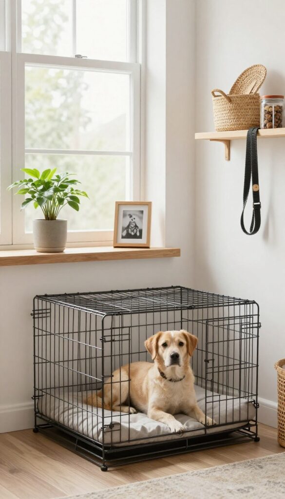 Dog crate with a wall-mounted shelf above, displaying decor and dog supplies