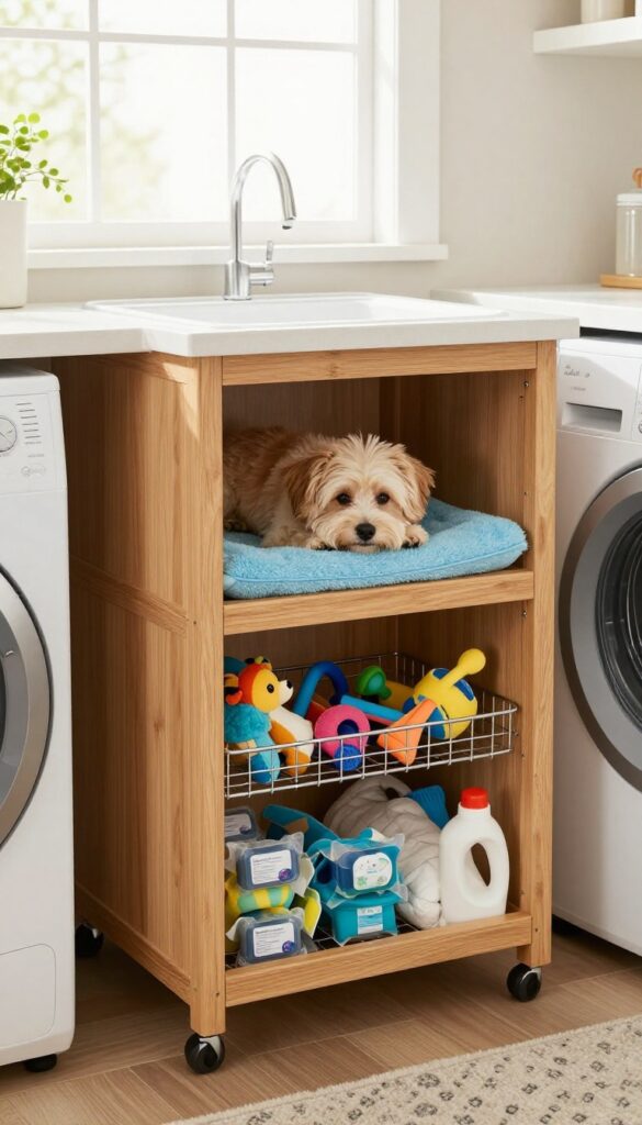 Rolling cart dog kennel under counter with hidden storage bins in laundry room