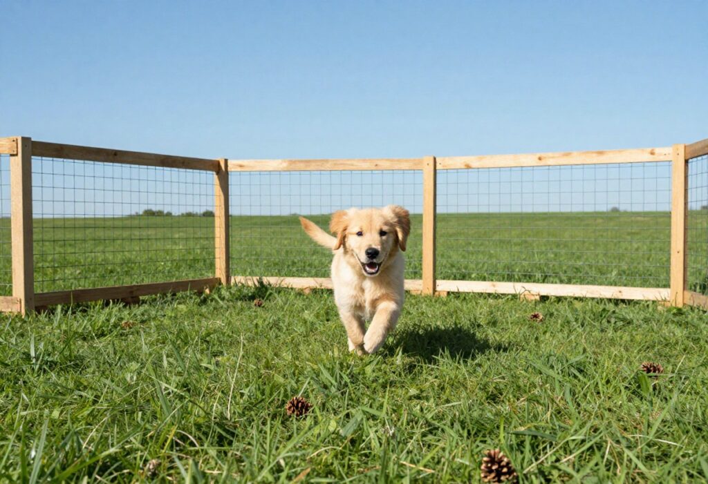 Happy dog running in a budget-friendly backyard dog run made of pallets and wire fencing.