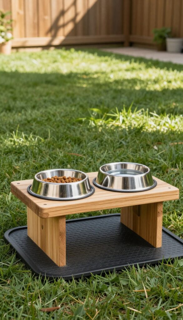 Outdoor feeding station with raised wooden feeder, stainless steel bowls on non-slip mat in sunny backyard.