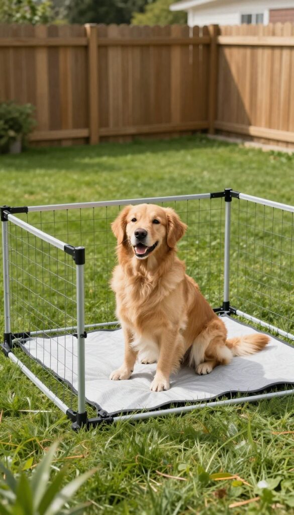 Foldable dog run with T-posts in a small yard, dog sitting inside on a mat.