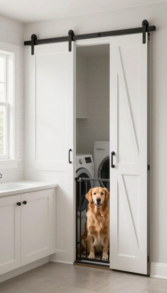 Sliding barn door with built-in dog gate in a laundry room dog wash setup, featuring a golden retriever inside the contained area.