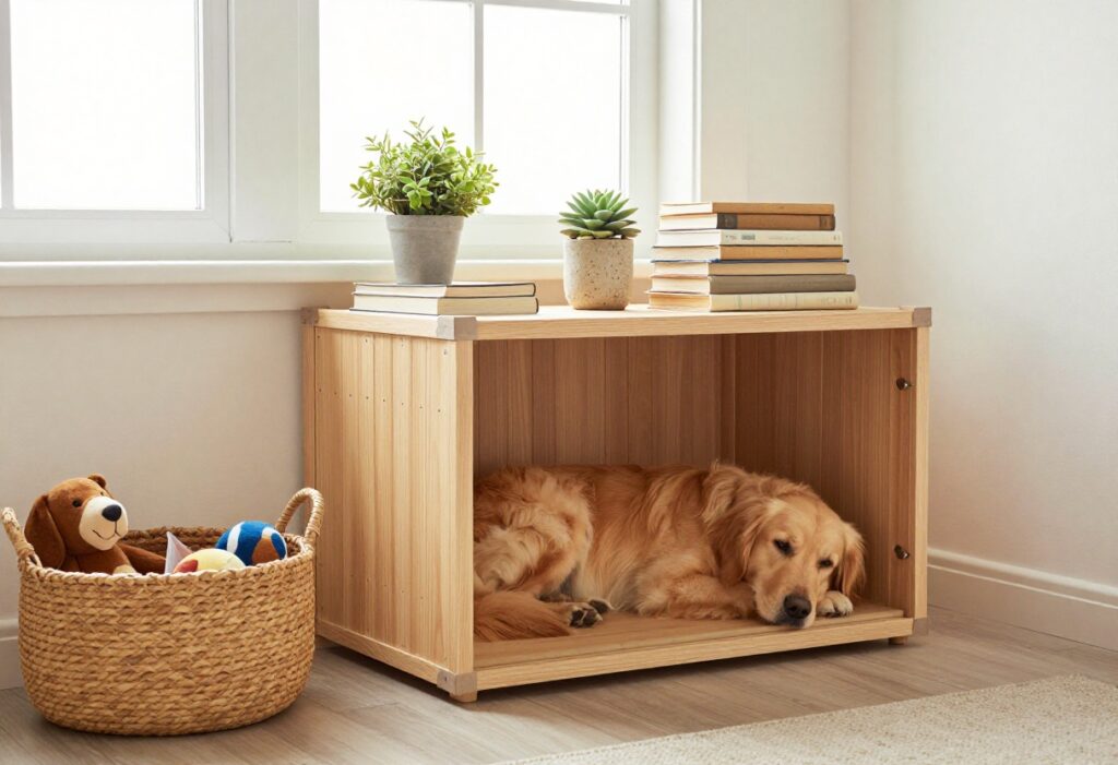 Dog crate with wooden top shelf holding books and a plant, golden retriever resting inside