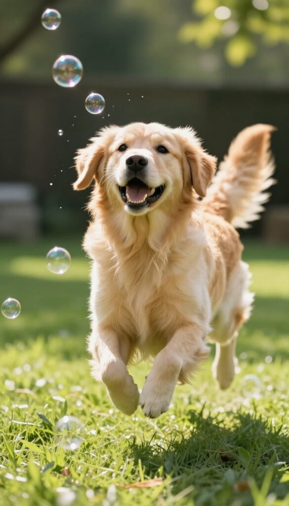 Golden retriever jumping to pop bubbles in a sunny backyard