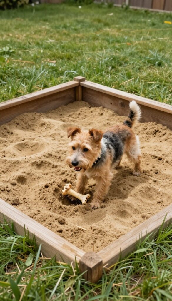 A terrier dog digging in a wooden-framed sand pit in a sunny backyard, with a toy bone partially buried.
