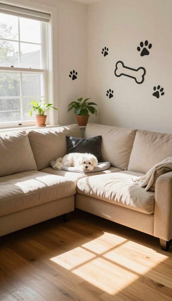 Cozy living room corner with black paw print and bone wall decals above a dog bed, small white dog resting on the bed, natural sunlight, warm decor.