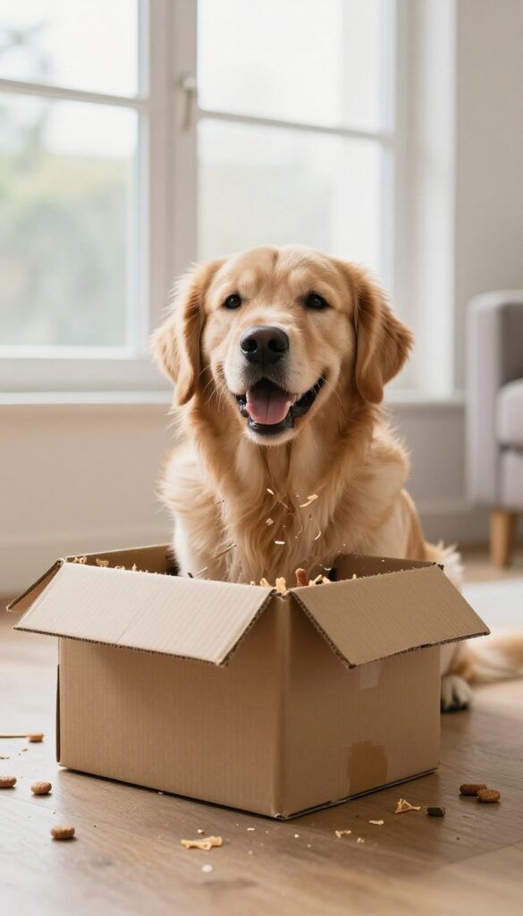 Dog shredding a cardboard box with treats inside
