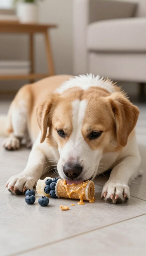 Dog licking a frozen stuffed Kong on a tile floor