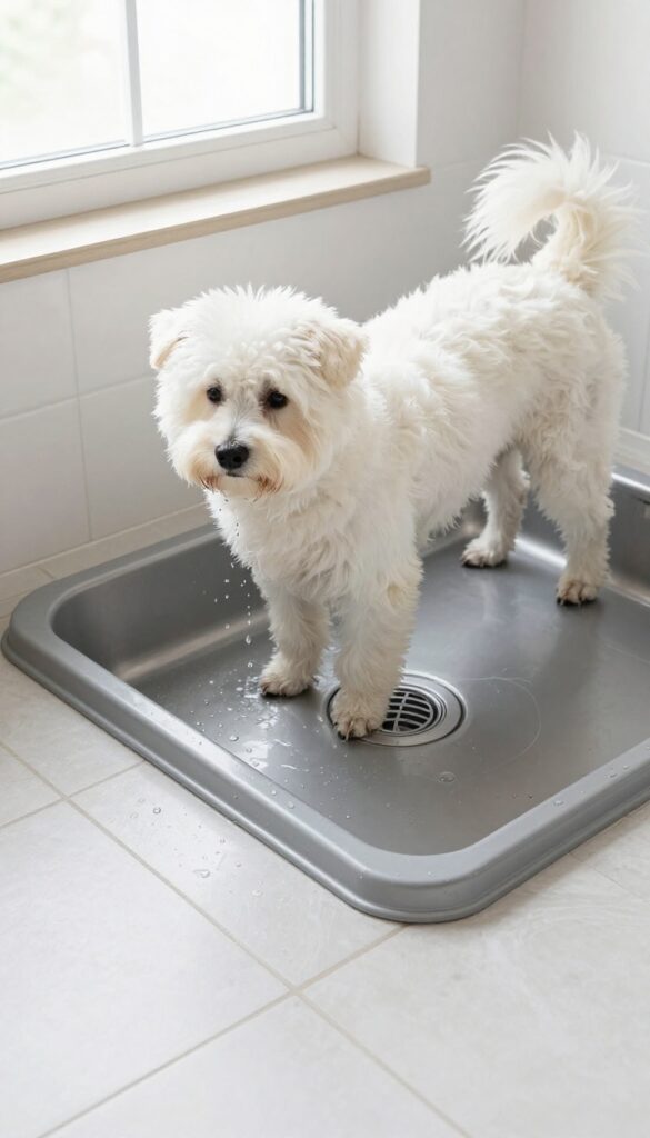 Dog standing in wash sink with drainage tray underneath on laundry room floor