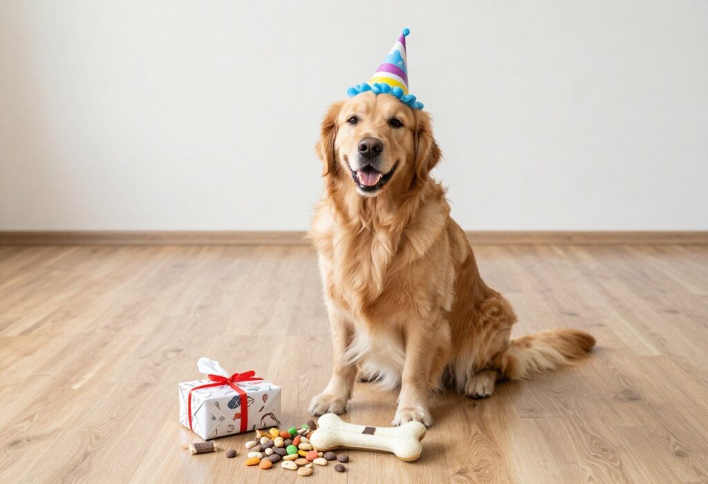 Happy golden retriever wearing a birthday hat with treats and a gift
