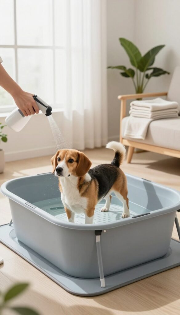 A portable dog bath tub set up in a small apartment living room with a dog standing inside, ready for bath time.