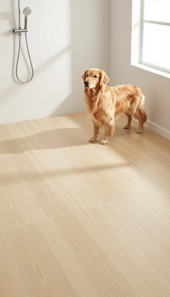 A calm Golden Retriever standing on a warm, gently steaming tile floor in a laundry room dog shower area, with soft natural light and a handheld showerhead nearby.