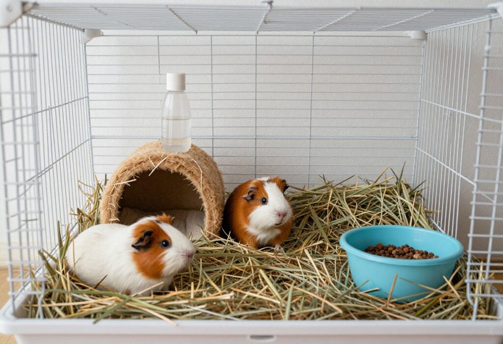Guinea pig cage with fleece liner and cleaning supplies