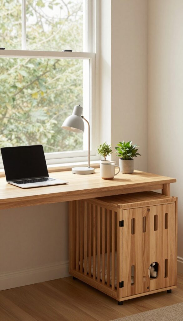 A small desk next to a wooden dog crate used as a side table, with a lamp and mug on top, in a bright home office.