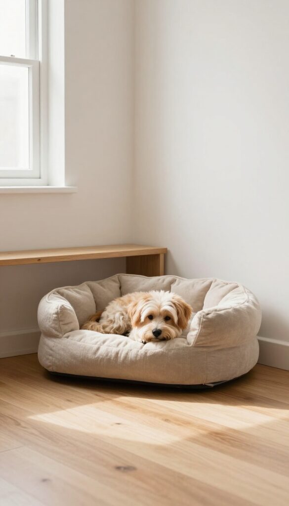 Small dog sleeping on a corner shelf bed in a bright apartment