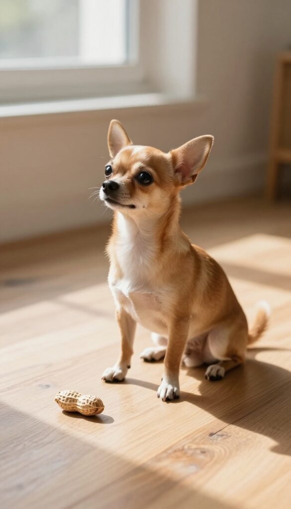 Small Chihuahua sitting next to a peanut on a sunlit wooden floor