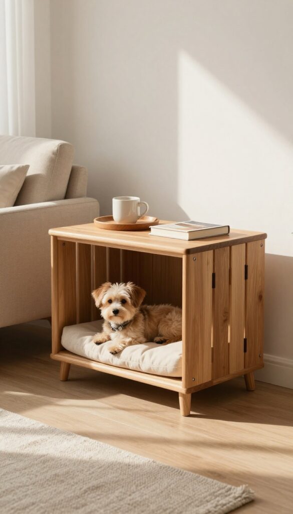Wooden dog crate used as a side table next to an armchair, with a tray on top and a dog resting inside.