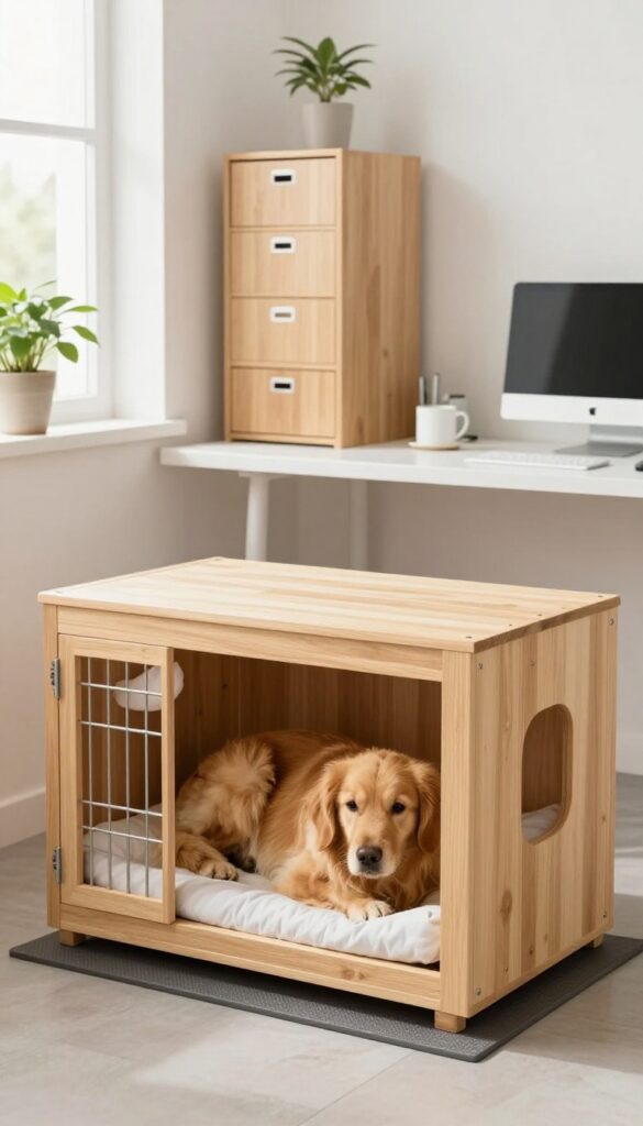 A dog crate used as a desk pedestal in a bright home office, with a golden retriever resting inside.