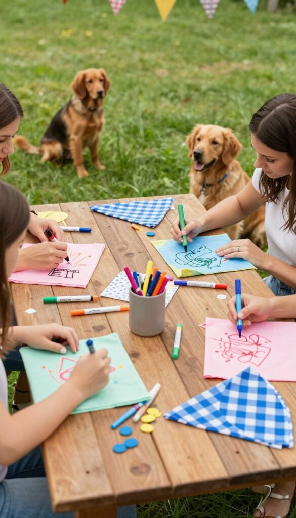 DIY bandana decorating station in a backyard with women and their dogs crafting.