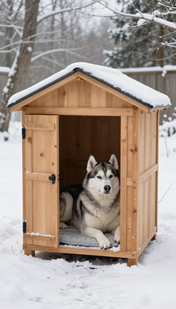 Heated outdoor dog kennel in snow with a Husky resting inside on a heated pad