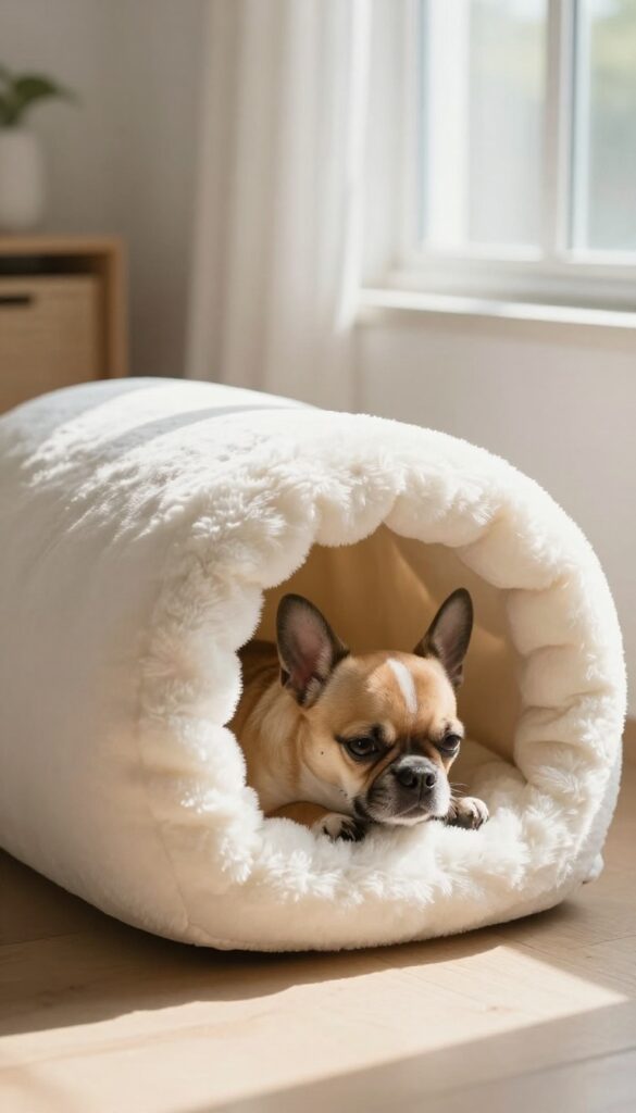 Small dog peeking out of a cozy cave bed in a sunlit living room