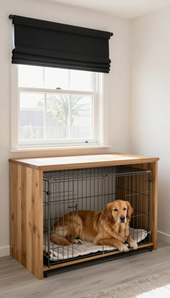 Built-in window nook desk with dog crate underneath, dog resting inside, bright natural light, clean composition.