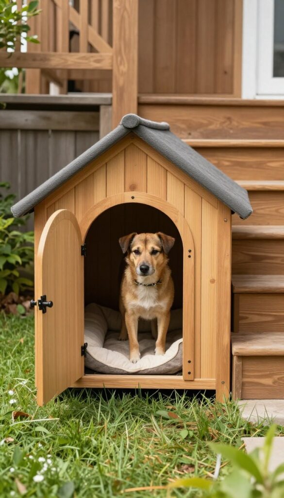 Under-stairs dog kennel with dog door leading to outdoor yard, small home dog setup