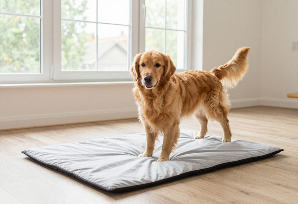 Golden retriever using a DIY snuffle mat made from fleece strips on a rubber mat.