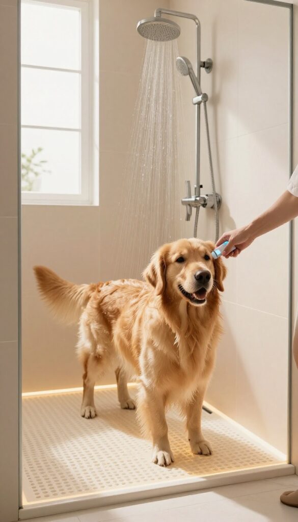 Luxurious built-in dog bath with heated floor, warm lighting, and a golden retriever enjoying bath time.