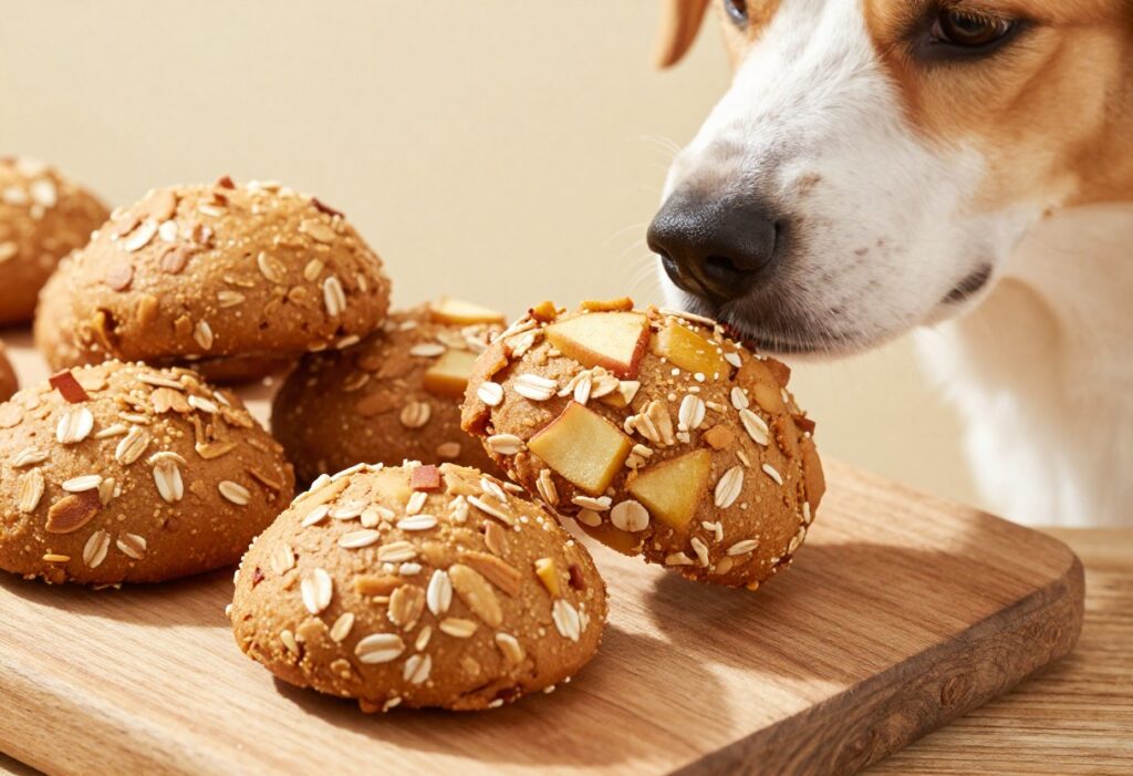Freshly baked apple oat dog treats on a wooden surface, with a dog sniffing one held in a hand.