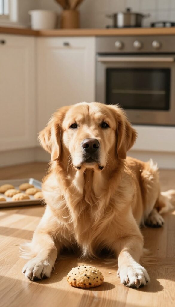 Golden retriever with biscuits in a sunlit kitchen