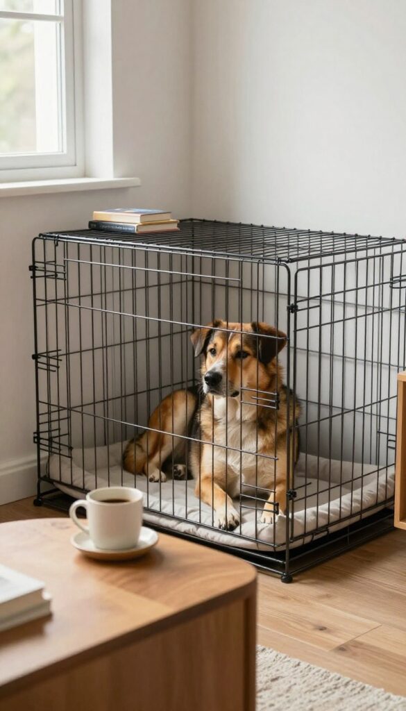 Wall-mounted dog crate doubling as a side table in a small room, with a dog resting inside and items on top.