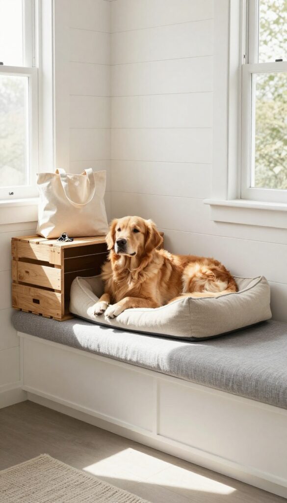 A built-in bench with a crate compartment underneath, a golden retriever inside, set in a bright mudroom with a cushion and accessories on top.