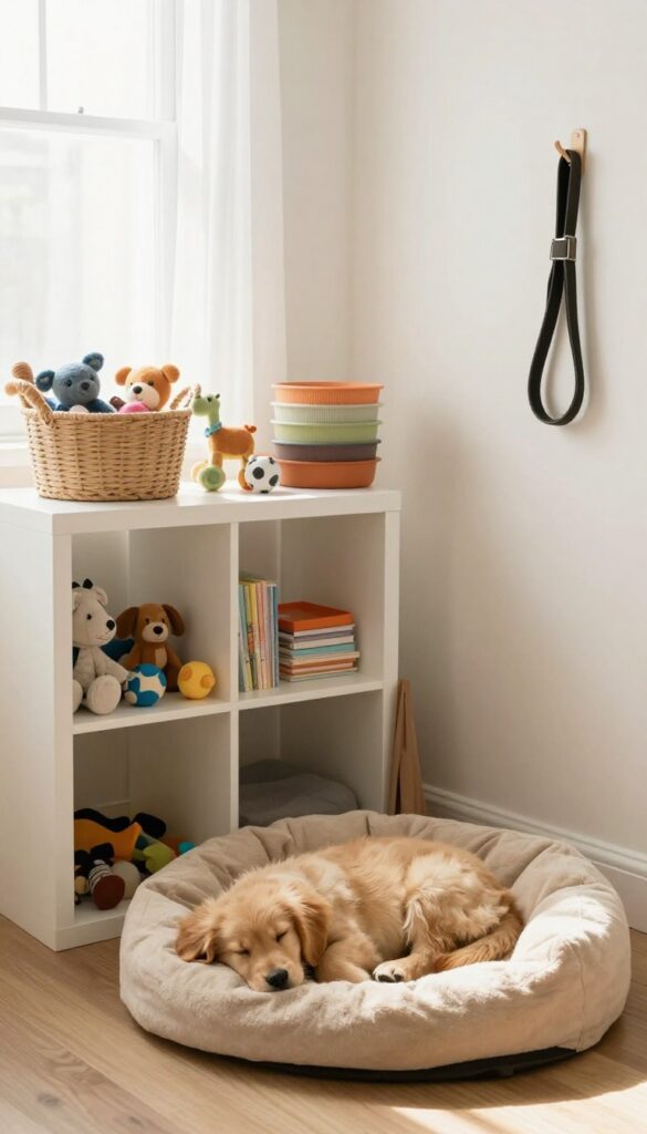 Corner cube storage unit with dog bed insert, puppy sleeping inside, organized storage cubes with toys and leash
