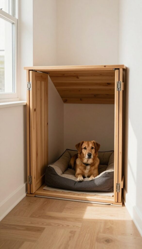 Fold-down gate under stairs with dog bed, flexible space for small homes