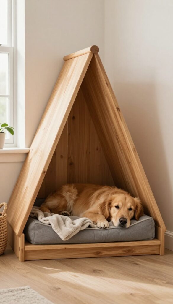 A custom triangular wood dog kennel tucked into a living room corner, with a golden retriever resting inside on a plush bed.