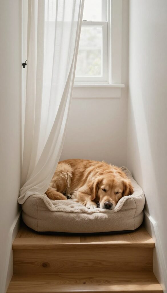 Cozy under-stairs dog nook with a plush bed and curtain, featuring a sleeping golden retriever in a bright, clean interior.