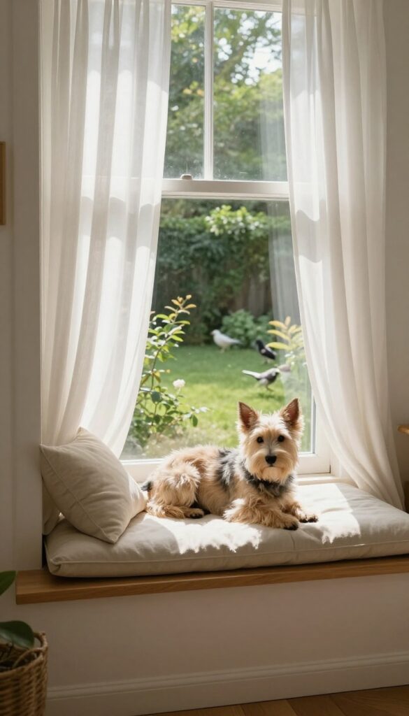 Small dog resting on a window seat cushion, looking outside at birds in a sunlit room