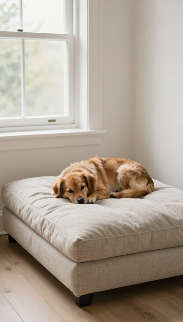 Ottoman-style pallet dog bed with tufted cushion in a bright living room