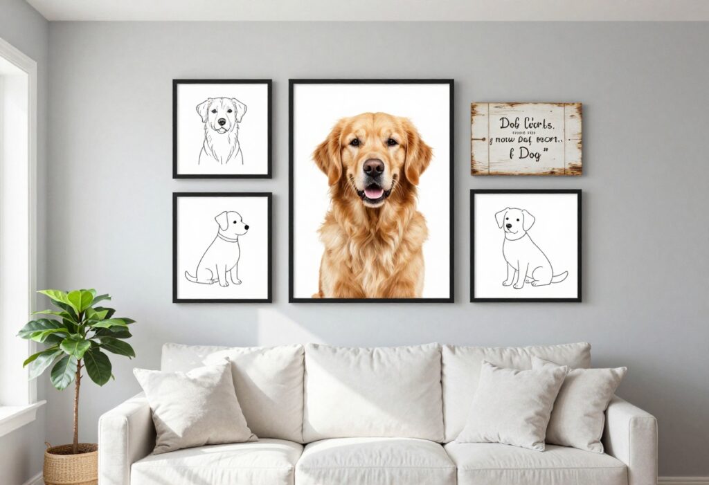 A gallery wall of dog decor including a framed portrait, line art print, and wooden sign in a bright living room.
