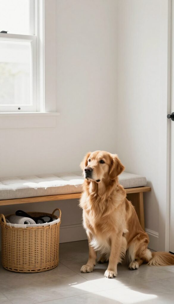 A mudroom bench with hidden storage baskets for dog supplies, featuring a golden retriever sitting beside it in natural light.
