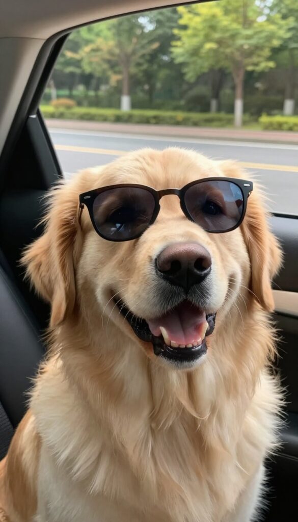 Golden retriever wearing dog sunglasses sticking head out car window on sunny day