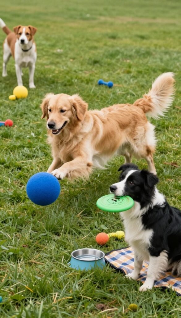Dogs playing fetch relay in backyard with colorful toys and water bowl
