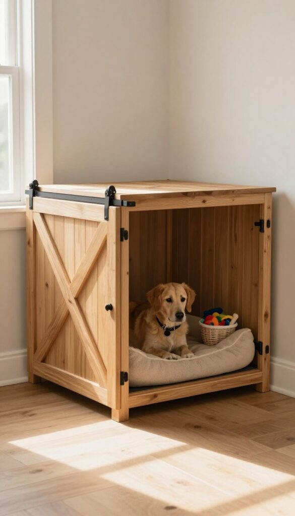 Built-in dog crate under stairs with rustic barn door, plush bed, and toy basket in bright natural light