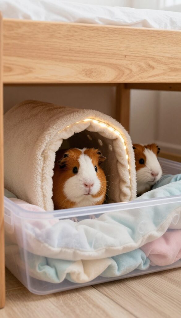 Under-bed guinea pig cage setup with clear bin, fleece bedding, tunnel, and LED light