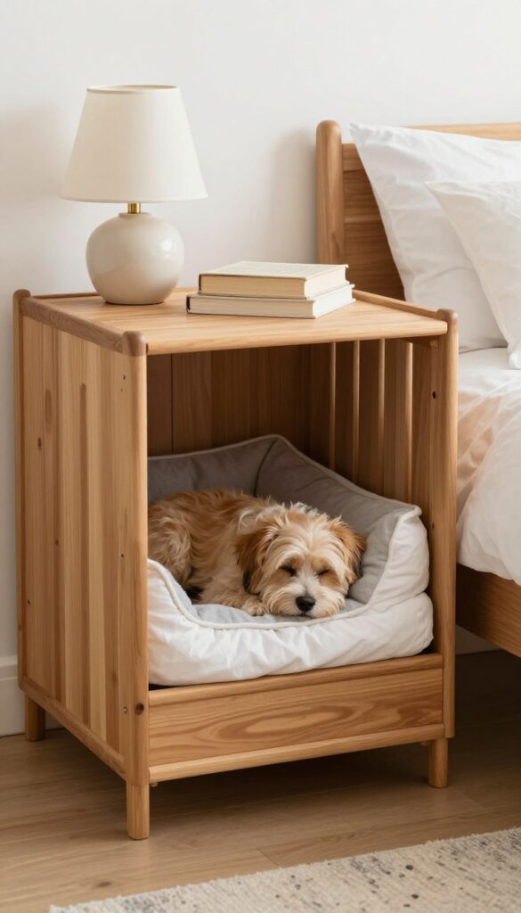 Wooden dog crate used as a nightstand next to a bed, with a lamp and book on top, and a dog sleeping inside.